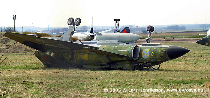 Swedish Attack Aircraft AJ 37 Viggen. Air Force number 37077. Marking from its active time at Wing F7, Såtenäs. Here at the fire and rescue training site at Halmstad