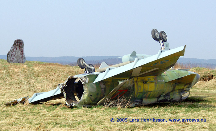 Swedish Attack Aircraft AJ 37 Viggen. Air Force number 37077. Marking from its active time at Wing F7, Såtenäs. Here at the fire and rescue training site at Halmstad