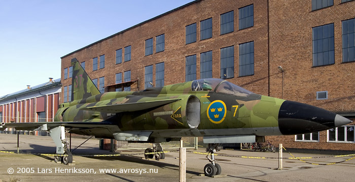 Swedish Air Force attack aircraft SAAB AJ 37 Viggen, # 37034. Photo when displayed at Innovatum, Trollhttan in October 2005.  Lars Henriksson, www.avrosys.nu.