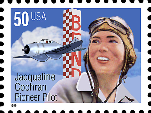 Jaqueline Cochran Pioneer Pilot -  with her Seversky AP-7. Redrawing of stamp by Lars Henriksson.