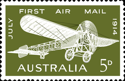 Stamp showing the Bleriot XI used at the first mail flight in Australia. Drawing after the original stamp by Lars Henriksson, www.avrosys.nu.
