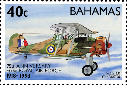 Stamp from Bahamas depicting a RAF Gloster Gladiator. The stamp was issued in 1993.