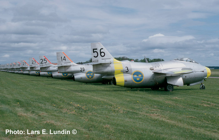 SAAB J 29 Tunnan. Line-up at Wing F 16 at Uppsala,  June 1968. J 29F # 29624 closest to camera.