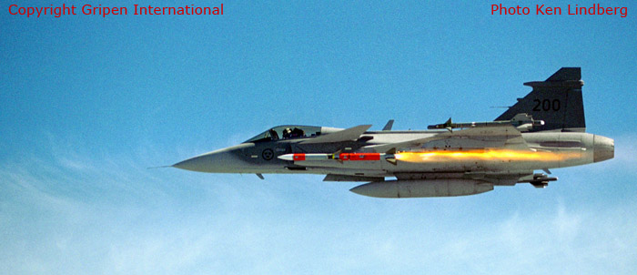 Swedish mulit-purpose fighter aircraft JAS 39A # 39200 firing an RB 99 AIM-120 AMRAAM Missile