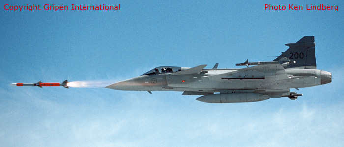 Swedish mulit-purpose fighter aircraft JAS 39A # 39200 firing an RB 99 AIM-120 AMRAAM Missile