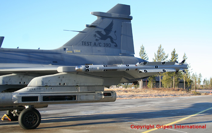 Swedish Air Force mulit-role fighter aircraft JAS 39 Gripen in two-seat version (# 39-800) with the IRIS-T missile.