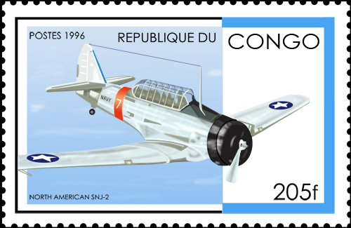 Stamp from the Republic of Congo that depicts a North American SNJ-2 (SK 16 C in the Swedish Air Force). 