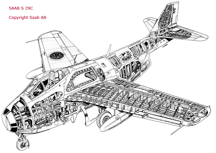 Swedish Air Force Recconiassance Aircraft SAAB S 29C "Tunnan" - cut-away drawing