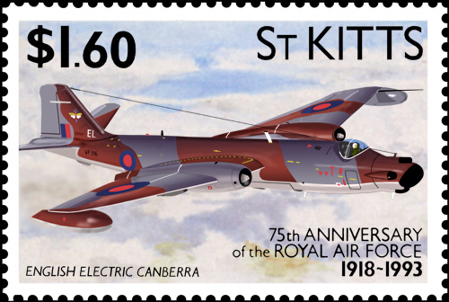 English Electric Canberra T.17 RAF WF916.Stamp from St. Kitts.