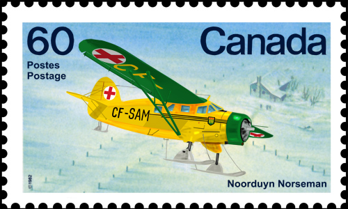 Stamp depicting the Canadian ambulance aircraft CF-SAM, a Noorduyn Norseman, similar to the Swedish ambulance aircraft.