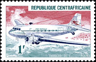 Stamp depicting C-47-DL, "DC-3", TL-AAD which belonged to Compangnie Centreé Africaine Air Bangu 1966-1971. 