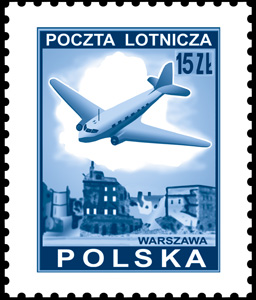 Polish stamp from 1946 depicting a Li-2 over the ruins of Warszawa, heavily damaged during the WWII.