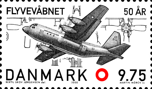 Stamp depicting the first C-130 delivered to Denmark