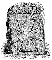 Gravestone at Södra Ving Church, Municipality of Ulricehamn, Sweden . Gravsten från 1200-talet vid Södra Ving kyrka, Ulricehamns kommun.
