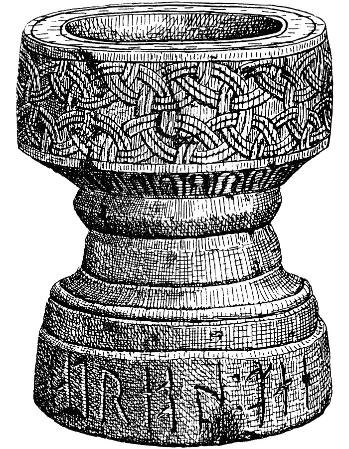 Baptismal Font at Finnekumla Church, Municipality of Ulricehamn, Sweden. Dopfunt frn 1100-talet i Finnekumla kyrka, Vstergtland.