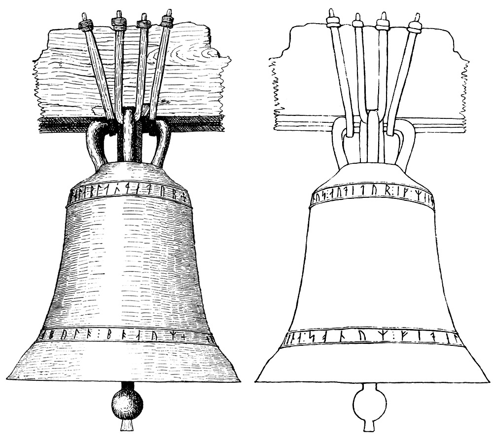 Church Bell with Runes, Bollebygd, Vstergtland, Sweden. Kyrkklocka med runor, 1300-talet, Bollebygd kyrka, Vstergtland.