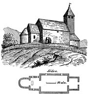 Bokens gamla kyrka, Bohusln. Trsnitt frn 1800-talets mitt.