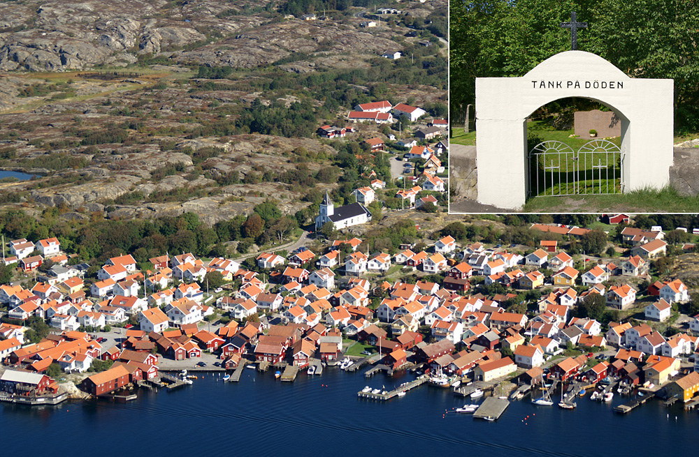 Mollösund kyrka och Mollösund kyrkogård med devisen "Tänk på döden". Flygfoto Lars Henriksson, www.avrosys.nu