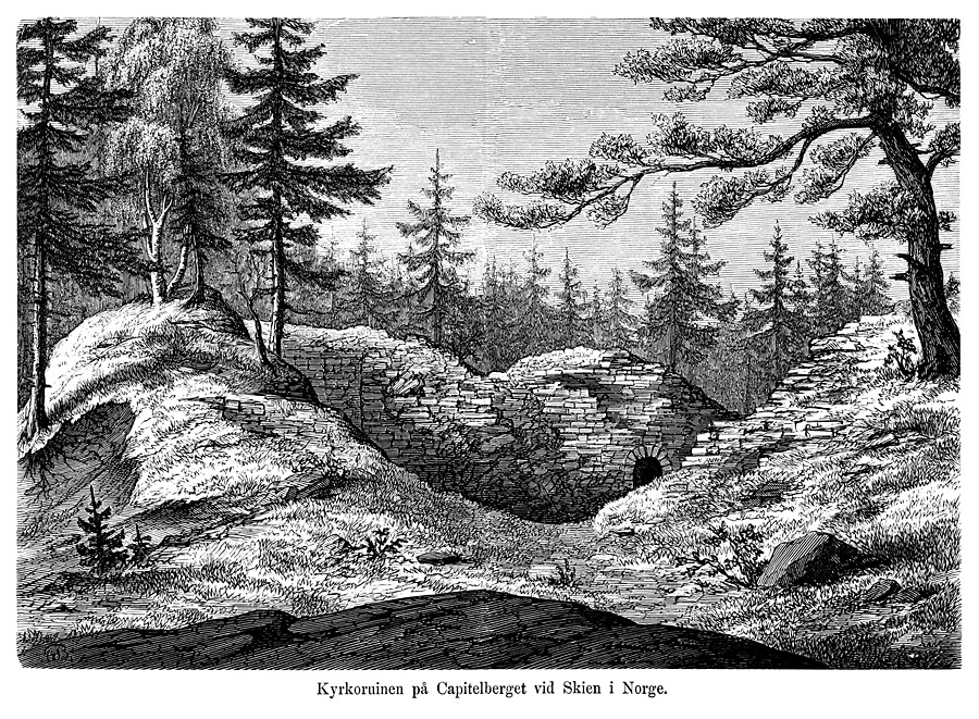 The Church Ruin at Kapitelberget at Skien, Norway. Woodcut from 1869.