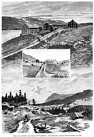 Valdres -  Nystuen at Filefjell, Frydenlund, view of Northern Aurdal. Norway. Woodcut from 1882.