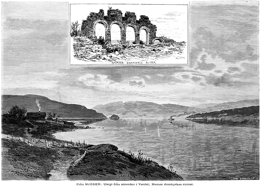 Lake Mjsa - View from the Shore at Vardal - the Ruins of the Cathedral of Hamar. Woodcut from 1882.