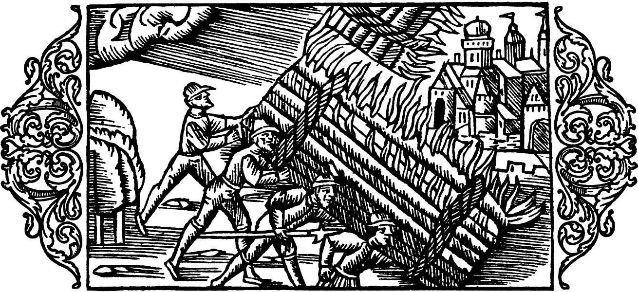 A crowd of peasants are attacking the castle of a cruel bailiff.