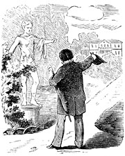 Near-sighted man and statue. Sweden 19th century - Nrsynt man talar med staty. Sverige, sent 1800-tal. Size 