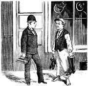 Schoolboy and young worker. Sweden 19th century - "h, herre Gud, den som vore s lycklig som du: finge springa gata upp och gata ned!". Sverige, sent 1800-tal. Size