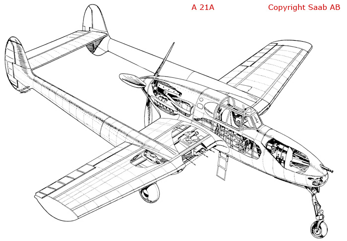 Cut-away drawing of Swedish Air Force Attack Aircraft SAAB A 21-A-3 