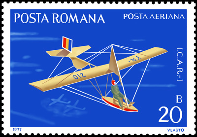 Romanian stamp showing the glider ICAR-I, similar to the Swedish Air Force G 101. Drawing of Lars Henriksson, www.avrosys.se