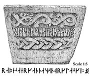 Baptismal font from Kareby Church, Bohusln, Sweden. Middle Age.-  Dopfunt av fyrkantig form frn Kareby kyrka norr om Kunglv. Frsedd med medeltida runinskrift.  - Size 1400 x 1200 pixles